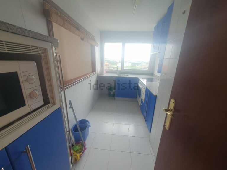 Cocina con microondas y muebles azules, piso en alquiler en Maliaño